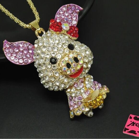 Bling Pink Crystal Cute Little Pig Pendant Animal Necklace NWOT - Picture 2 of 3